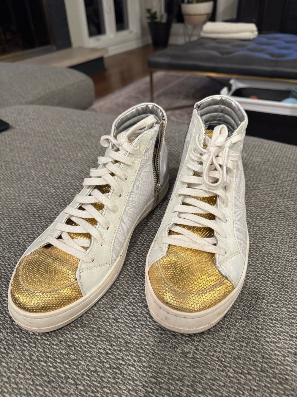 P448 White High-Top Sneakers with Gold Toe Caps